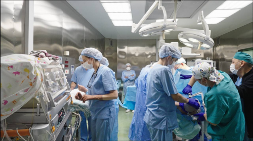 Simultaneously: neurosurgeons removed the brain tumor, while obstetricians-gynecologists carried out a cesarean section